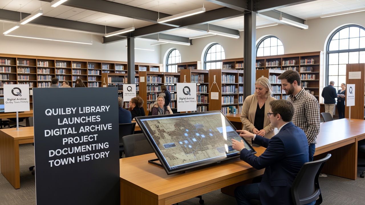 Community volunteers reviewing historical photographs during the digitization process at Quilby Library