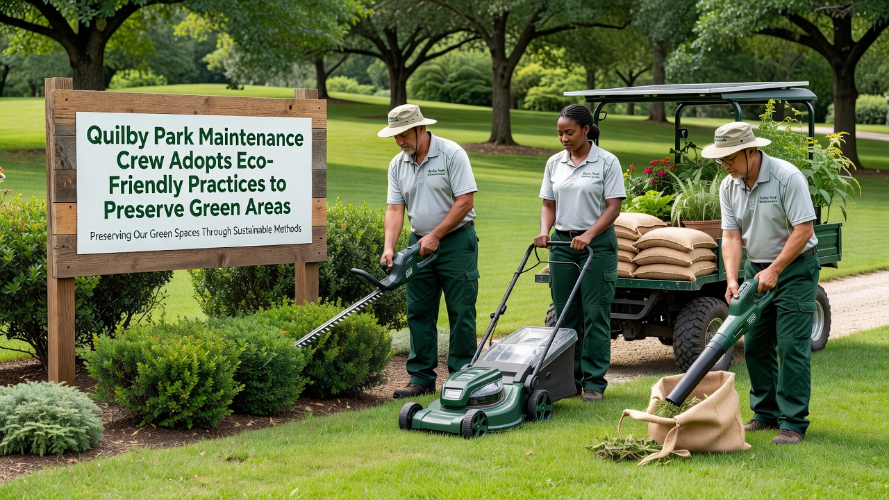 Crew members installing native plants along a shaded trail in Quilby Park with protective fencing visible