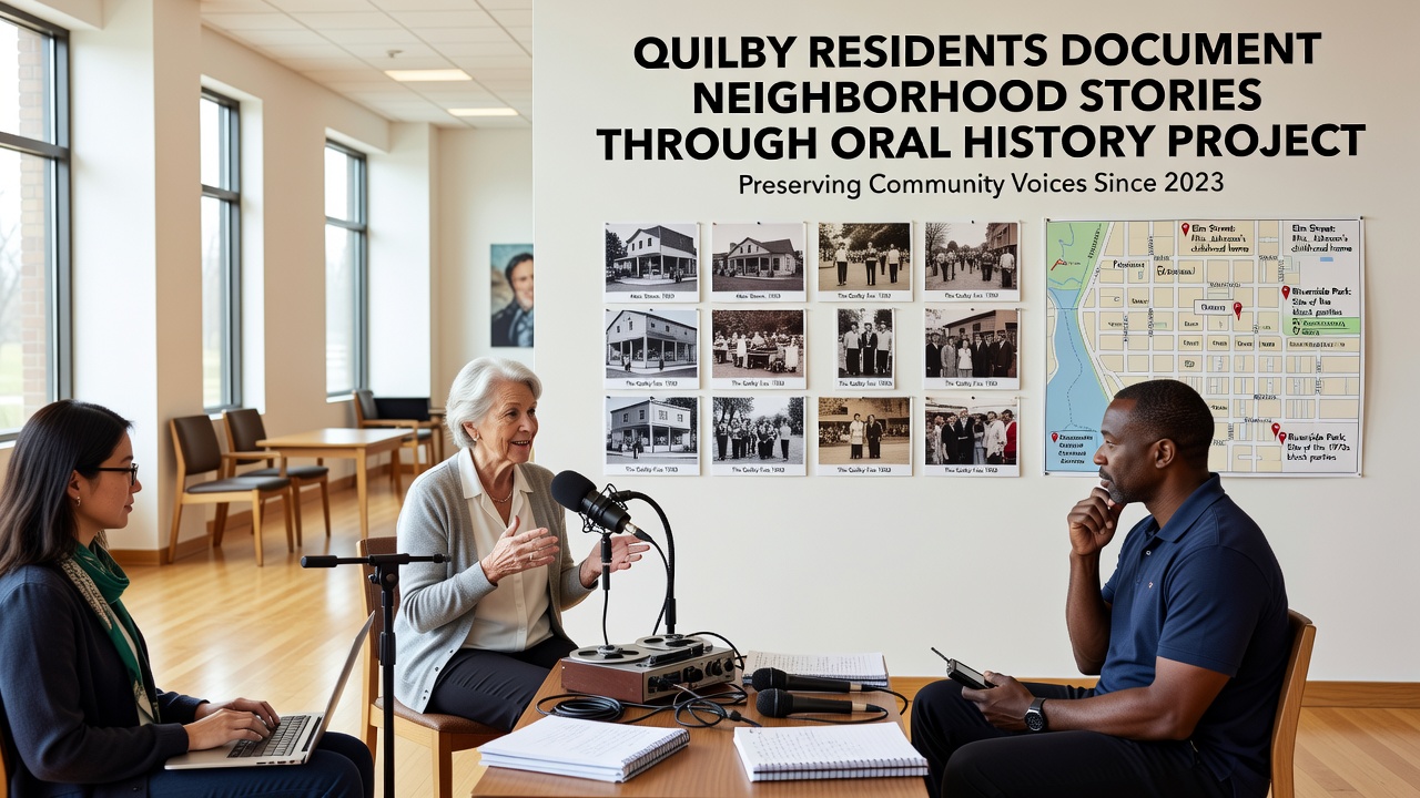 Elderly Quilby resident sharing a neighborhood story during an oral history session with a volunteer interviewer holding a microphone