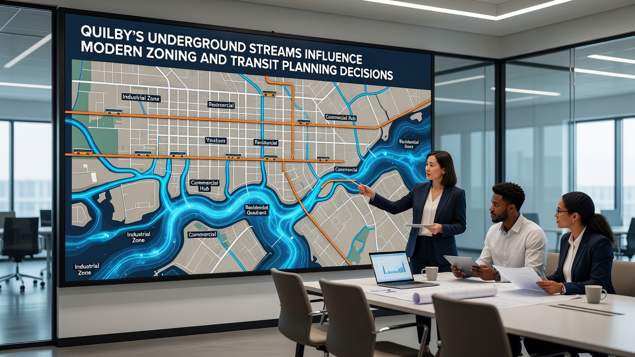 Diagram of underground stream paths overlaid on Quilby transit routes and zoning districts